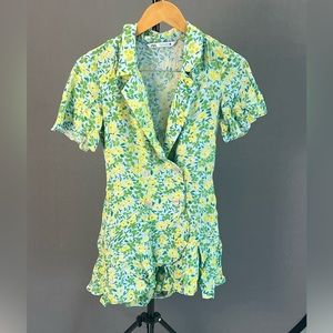 Green Floral Print Romper. Shorts and Skirt. Button Down. V Neck. Short Sleeves